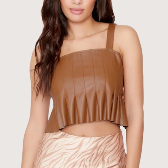 Brown Faux Leather Set the Scene Pleated Crop Tank Top - Picture 2 of 16